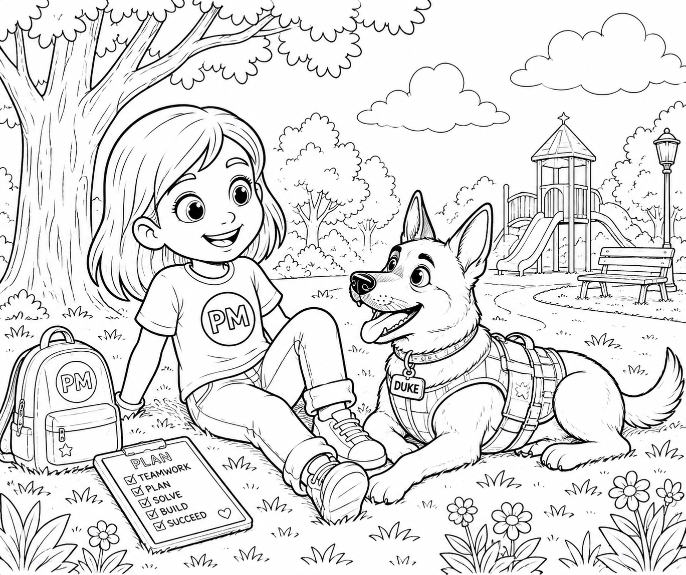 Penny and Duke planning coloring page